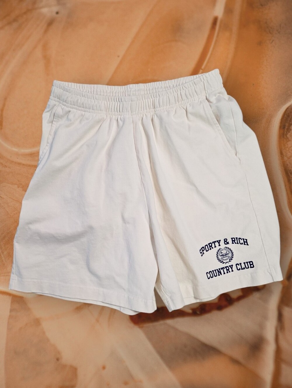 Sporty & Rich Varsity Crest Gym Shorts Ecru Small S EUC Summer Cotton Like New